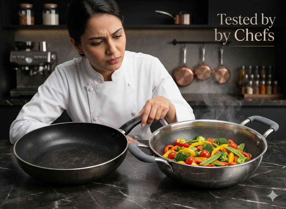 professional chef choosing honeycomb triply instead of non stick cookware