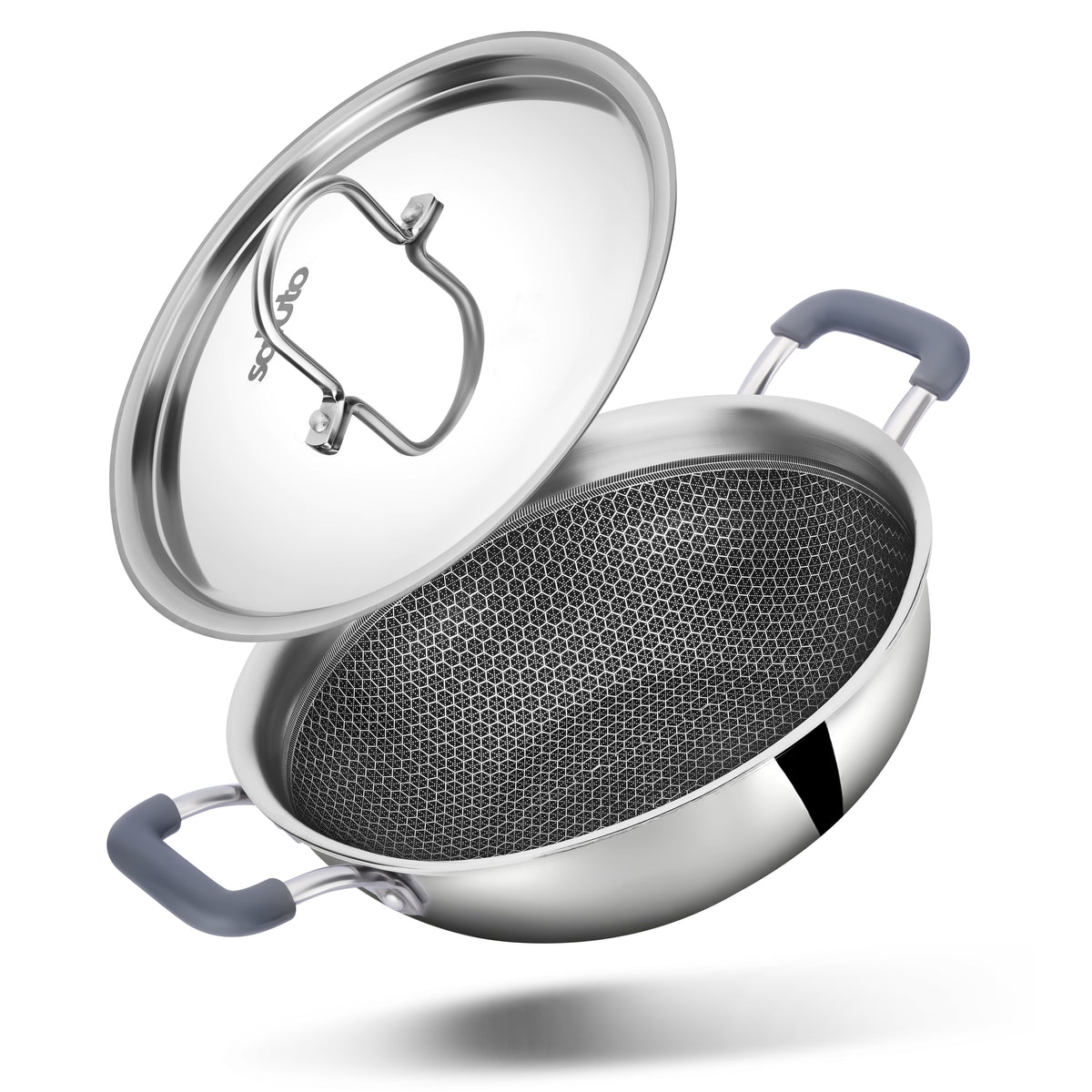 stainless steel triply honeycomb kadai,wok. induction safe, heat free handle. honeycomb kadai 