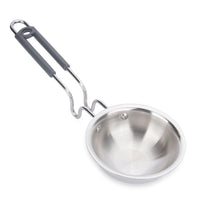 Stainless steel ladle with gray handle on a white background