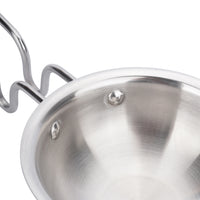 Close-up of a stainless steel pot with a handle on a white background