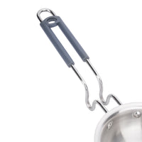 Stainless steel pot with a gray handle on a white background