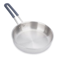 Stainless steel frying pan with a blue handle on a white background