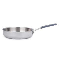 Stainless steel frying pan with a gray handle on a white background