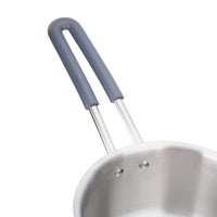 Stainless steel pot with a gray handle on a white background
