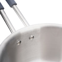 Close-up of a stainless steel frying pan with blue handles on a white background