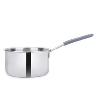 Stainless steel saucepan with a gray handle on a white background