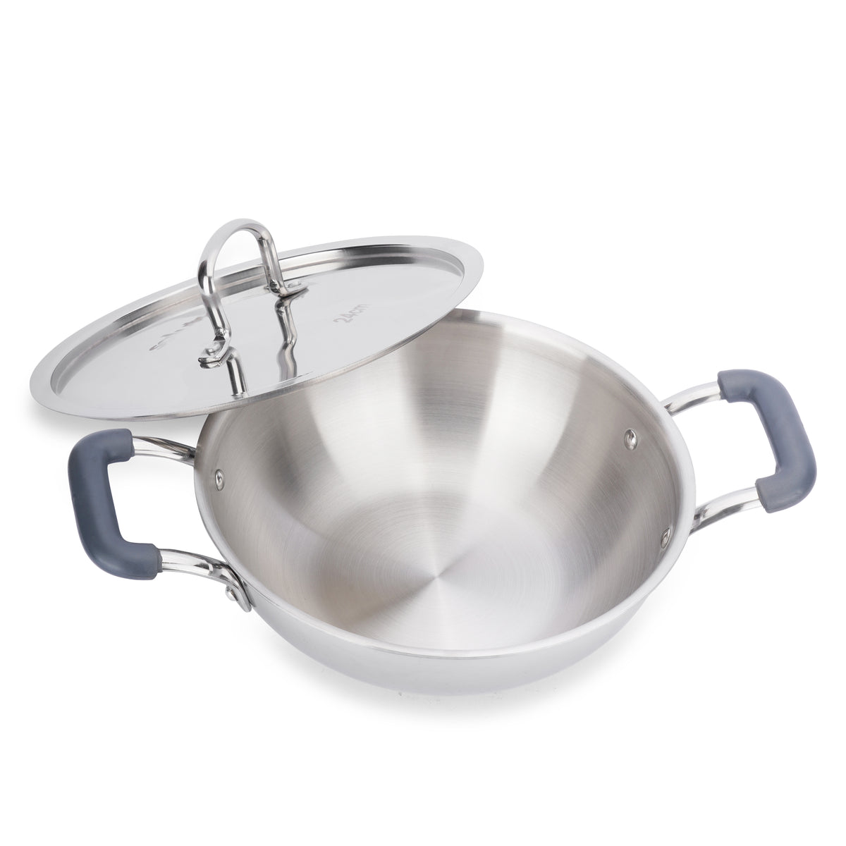 stainless steel triply wok/ kadhai with rubber insulation handles, stay cool handles, heat resitant, induction friendly