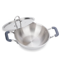 stainless steel triply wok/ kadhai with rubber insulation handles, stay cool handles, heat resitant, induction friendly