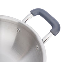 Close-up of a stainless steel pot with a gray rubber handle on a white background