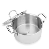 Stainless steel pot with lid on a white background.stainless steel triply casserole/stockpot/biryani pot ,saluto casserole, saluto stockpot