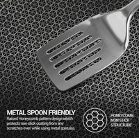 Metal spatula on a black honeycomb pattern background with text about metal spoon friendliness.
