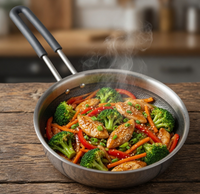Steaming stir-fry with vegetables and lotus stem  in a pan on a wooden surface