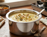 Stainless steel bowl of creamy dessert with nuts on a wooden table