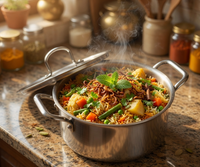 Steaming vegetable dish in a metal pot on a kitchen counter with spices in the background