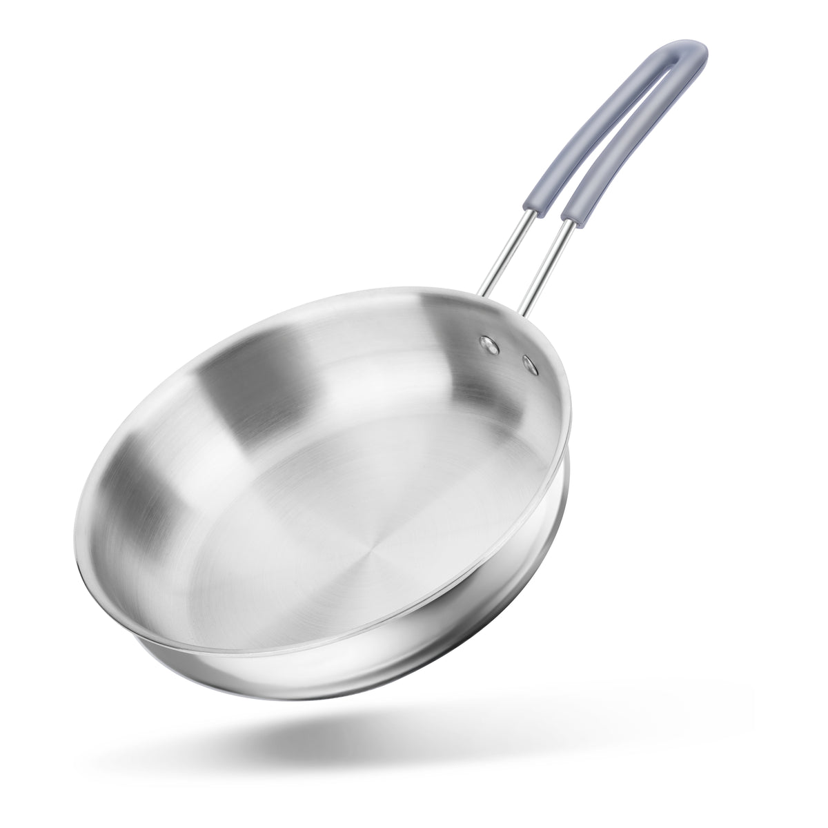 stainless steel triply frypan, saluto signature triply frypan with rubber heatfree handles.