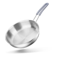 stainless steel triply frypan, saluto signature triply frypan with rubber heatfree handles.