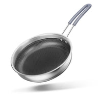 Stainless steel frying pan with a textured surface on a white background. signature triply honeycomb frypan. stainless steel triply honeycomb frypan with heat free handles, induction safe, 
