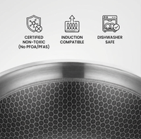 Stainless steel cookware with certification icons for non-toxic, induction compatible, and dishwasher safe on a white background.