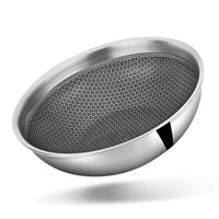 Stainless steel colander, tasla. signature triply honeycomb tasla  with honeycomb pattern on a white background