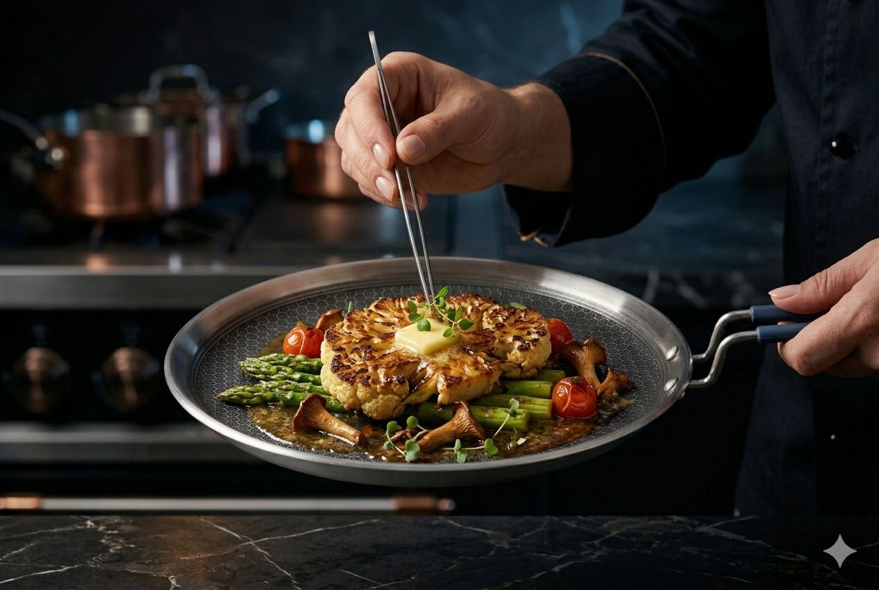 Chef plating a cauliflower steak in a Saluto honeycomb pan