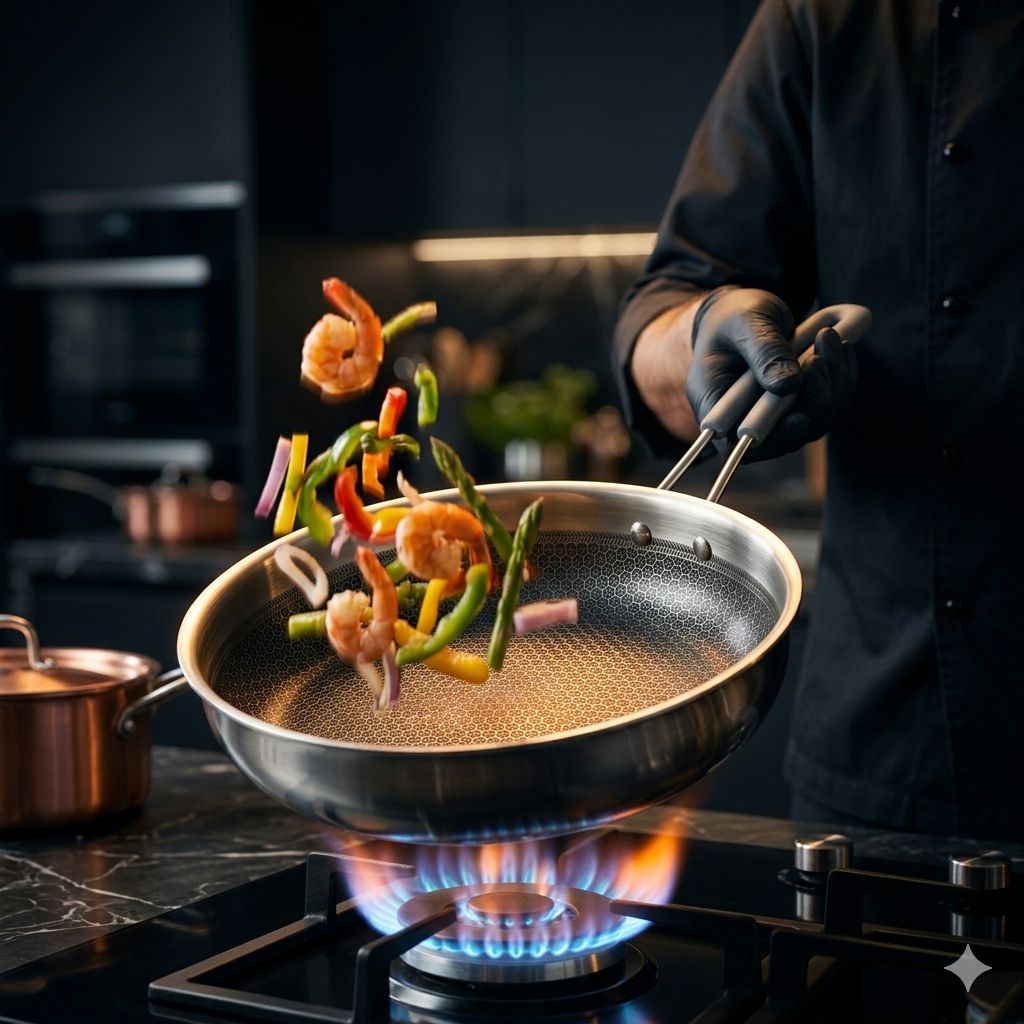 Shrimp and vegetables tossed in a Saluto honeycomb pan over a flame